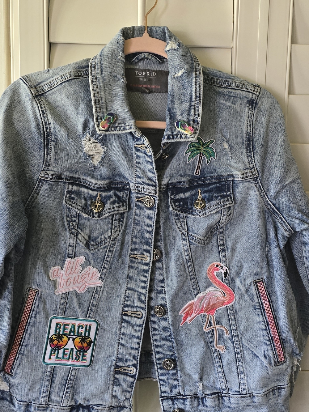 torrid Light Blue Distressed Denim Jacket with Tropical Patches